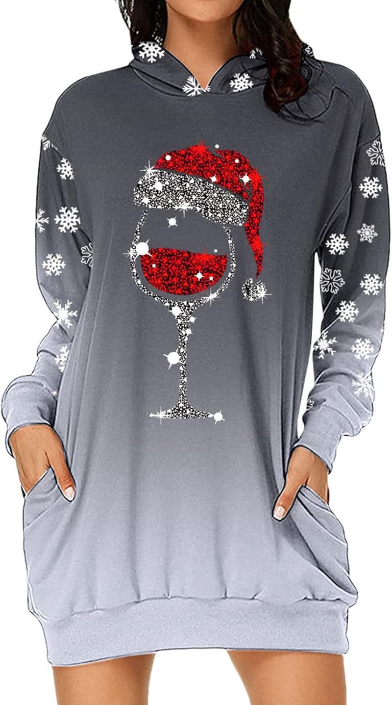 woobles Hoodie Dress, Womens Hoodie Dress Christmas Pattern Print Polyester Casual for Shopping - Image 5